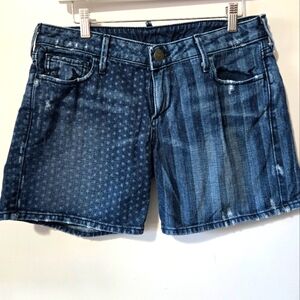 TRUE RELIGION "Cassie" Stars And Stripes Semi Distressed Cotton Denim Shorts. 29